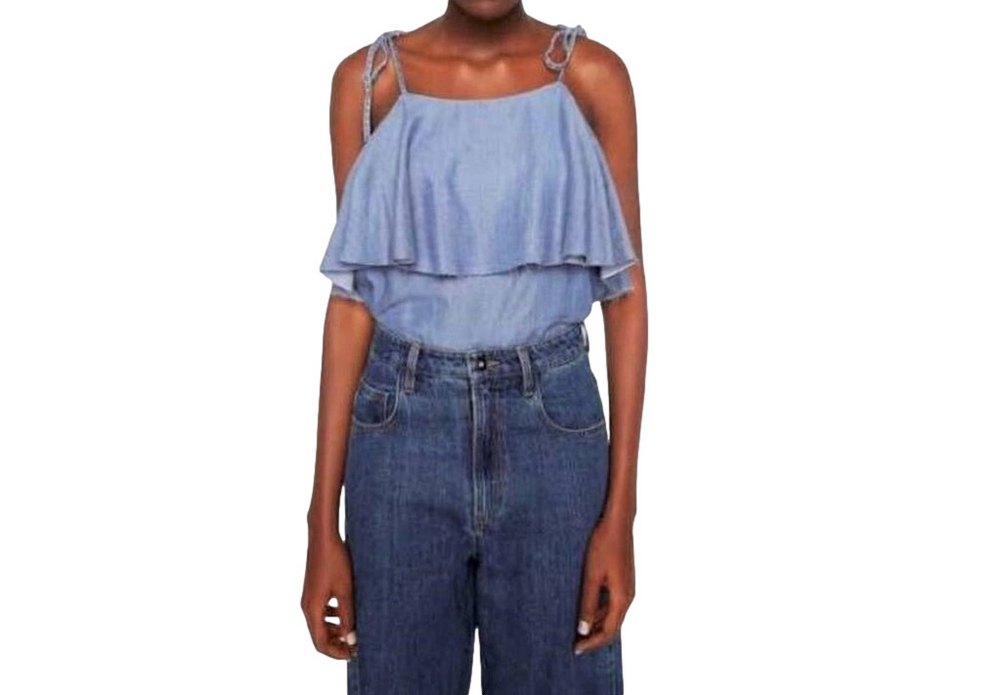 Zara Trafaluc Denimwear Women's Blue Chambray Strappy Ruffled Bodysuit Sz S